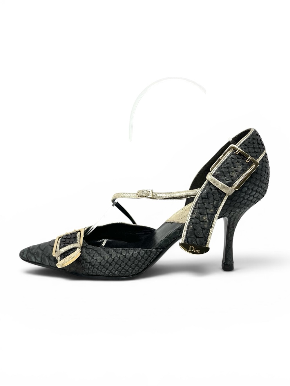 Vintage Christian Dior Galliano CD Logo Buckle High Heels Shoes Black Gold 37 7